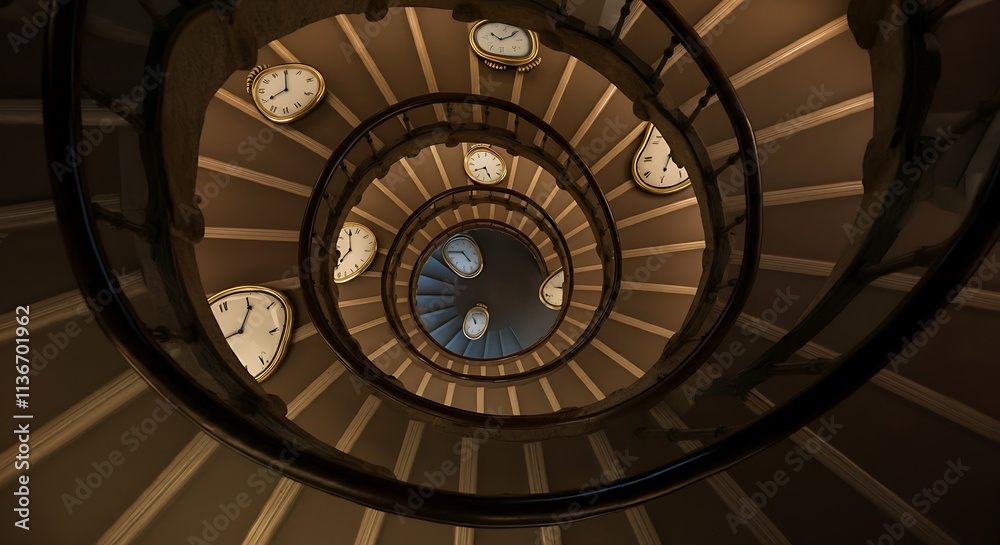 An endless spiral staircase surrounded by melting clocks and surreal shapes.
