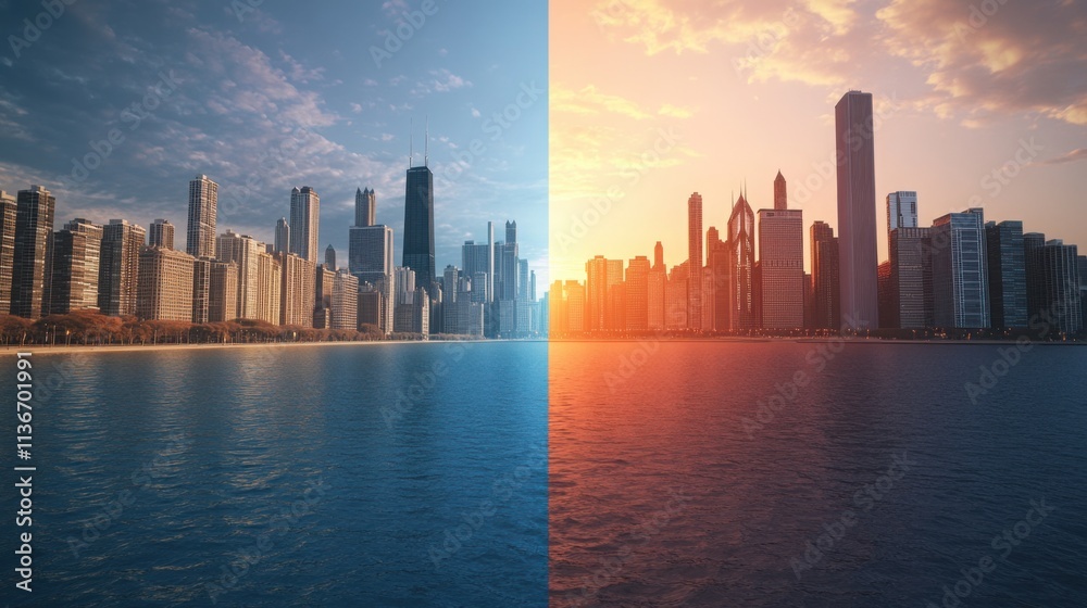 A split image of the Chicago skyline by day and night, both incorporating the flag of Chicago. A split image of the Chicago skyline by day and night, both incorporating the flag of Chicago.
