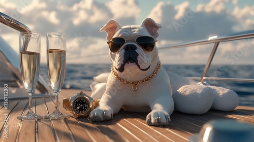 Stylish Bulldog Enjoying Luxurious Yacht Lifestyle with Champagne and Accessories

 photo