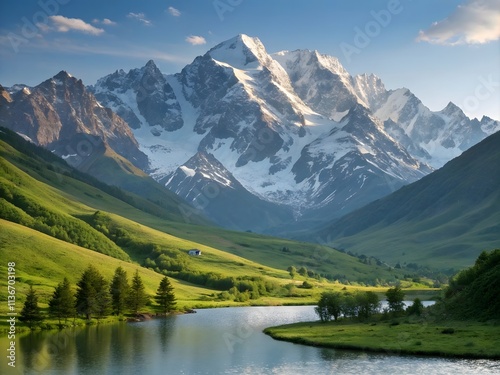 Majestic Mountain Range Meets Lush Valley Landscape by a Serene Lake