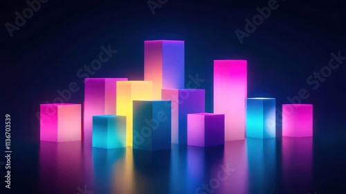 Obraz na płótnie Vibrant neon cubes reflect on glossy surface. w salonie