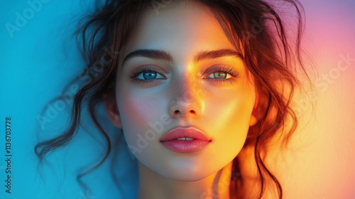 Young woman with captivating eyes and glowing skin illuminated by colorful light at dusk