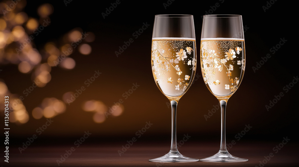 Two elegant champagne flutes filled with bubbly, set against a warm, festive background. Perfect for a celebration or special occasion toast. Two elegant champagne flutes filled with bubbly, set against a warm, festive background. Perfect for a celebration or special occasion toast.