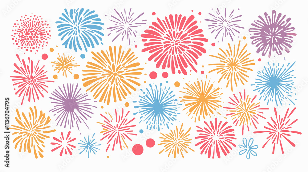 Flat Vector Fireworks Pyrotechnic Icons Isolated on White Background Flat Vector Fireworks Pyrotechnic Icons Isolated on White Background
