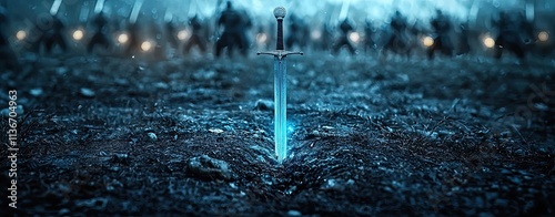 Double exposure sword embedded in ground Glowing Crossed Arrows Art Sharp Shadows of War Sword of Destiny Iconography Katana Resting in Elegance Double Exposure War Blades photo