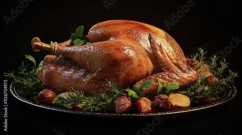 Roasted turkey garnished with fresh herbs on black background for thanksgiving dinner

 photo