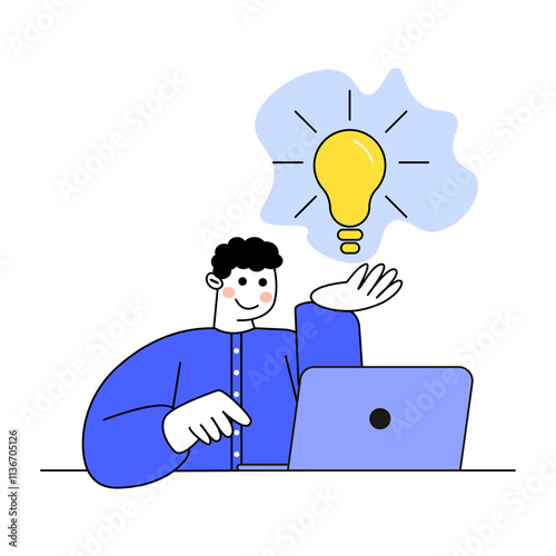 Guy using laptop with a light bulb above his head, representing a moment of inspiration while working