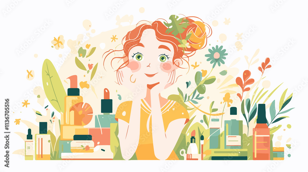 Girl with Cosmetics Slogan Illustration in Flat Vector Style Girl with Cosmetics Slogan Illustration in Flat Vector Style