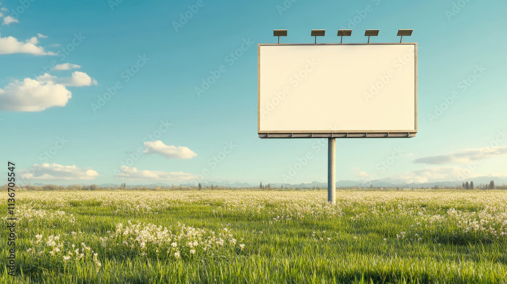 A large blank billboard stands in a sunlit, grassy field with scattered clouds in a clear blue sky, waiting for a new advertisement. A large blank billboard stands in a sunlit, grassy field with scattered clouds in a clear blue sky, waiting for a new advertisement.