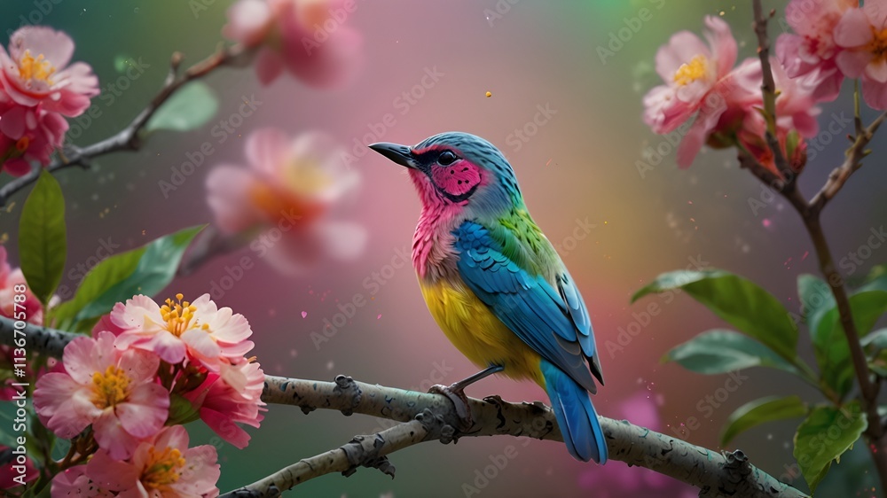  A COLOURFUL BIRD PERCHED ON A BRANCH WITH PINK FLOWERS IN BLOOM