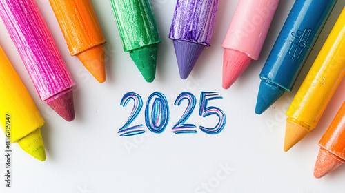 Brightly colored crayons arranged around year 2025, showcasing playful and artistic vibe. Perfect for creative projects and children themes