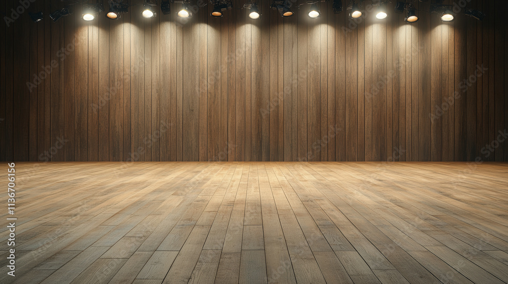 custom made wallpaper toronto digitalEmpty wooden stage with overhead spotlights illuminating the polished floor, creating a warm and inviting atmosphere for performances in a theater setting.