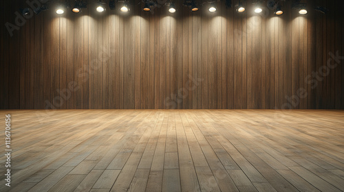 Wallpaper Mural Empty wooden stage with overhead spotlights illuminating the polished floor, creating a warm and inviting atmosphere for performances in a theater setting. Torontodigital.ca