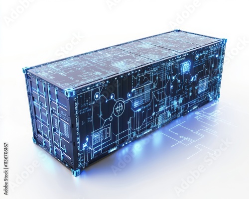 Futuristic shipping container with digital circuitry and glowing elements.