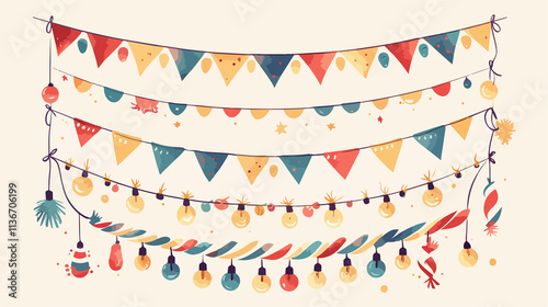 Festive Holiday Garlands with Light Bulbs, Party Lights, and Flag Decoration