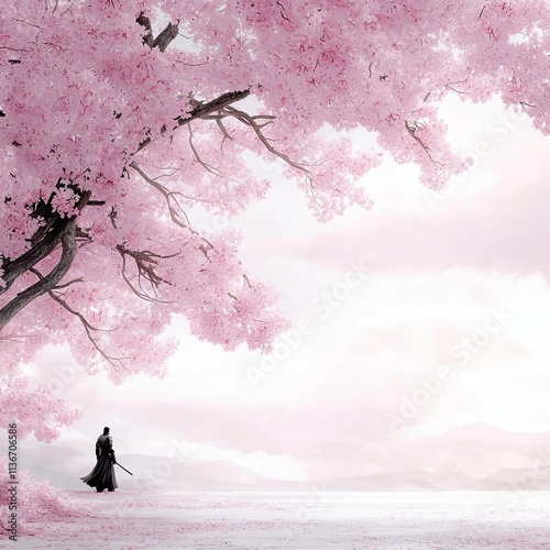 Silhouette warrior standing under cherry Silhouette warrior standing beneath blooming cherry blossoms Lone warrior under cherry trees with a war-torn sky Shadowed samurai standing under falling
