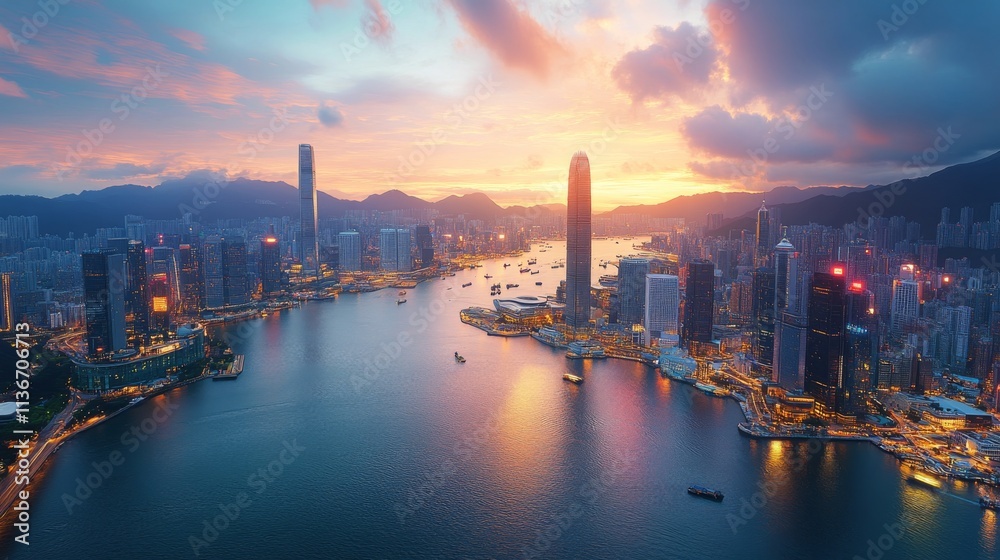 Fototapeta premium Vibrant sunset over Hong Kong harbor with silhouettes of skyscrapers and distant islands