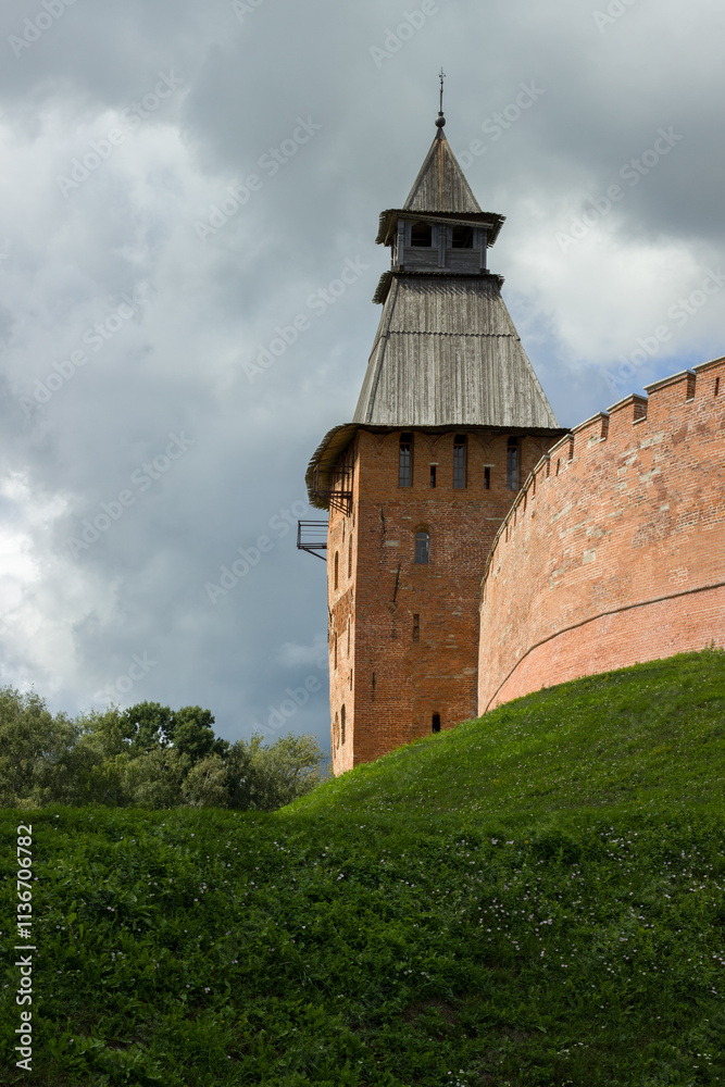 The Kremlin of Veliky Novgorod on a green field The Kremlin of Veliky Novgorod on a green field