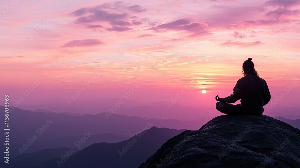 Silhouette warrior meditating shadowed mountain Silhouette of a meditating warrior with glowing mountain shadows Double exposure of a samurai meditating and war-torn landscapes Meditating warrior