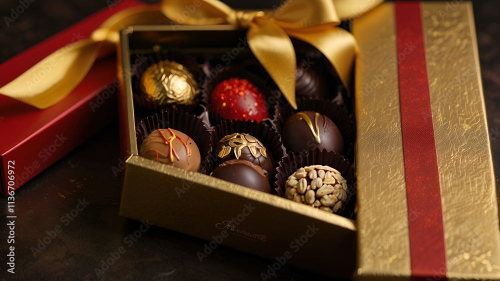A box of round chocolates with nuts and a chocolate box. A box of round chocolates with nuts and a chocolate box.