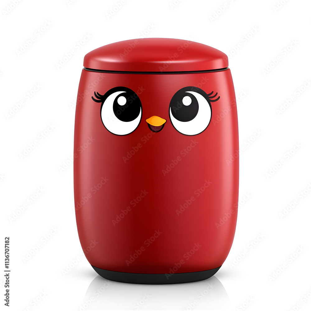 A playful red container featuring a cute bird face, designed for fun and whimsical storage. A playful red container featuring a cute bird face, designed for fun and whimsical storage.