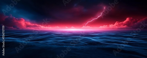 Icy terrain under a thunderous sky, holographic lightning cracking the frozen surface, glowing storm clouds, ultramodern energy display