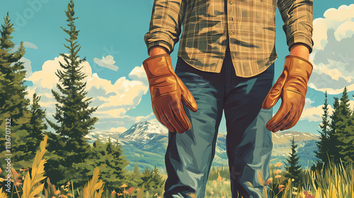 Man prepares for adventure: a single outdoorsman donning leather gloves in nature's embrace. Embrace. Illustration