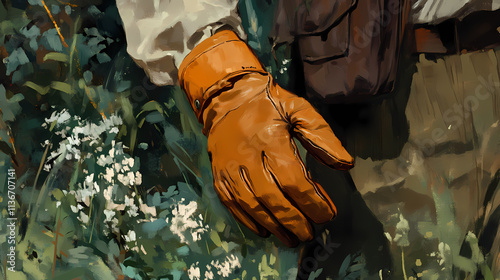Man prepares for adventure: a single outdoorsman donning leather gloves in nature's embrace. Embrace. Illustration