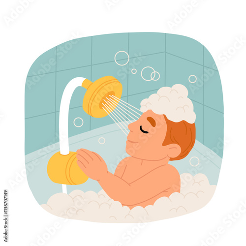 Boy Washing Himself in Bathtub with Shampoo Foam, Adorable Little Kid in Bathroom, Daily Hygiene Vector Illustration