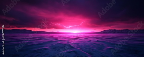 Icy terrain under a thunderous sky, holographic lightning cracking the frozen surface, glowing storm clouds, ultramodern energy display
