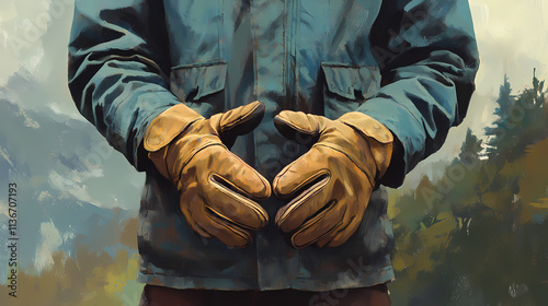 Man prepares for adventure: a single outdoorsman donning leather gloves in nature's embrace. Embrace. Illustration