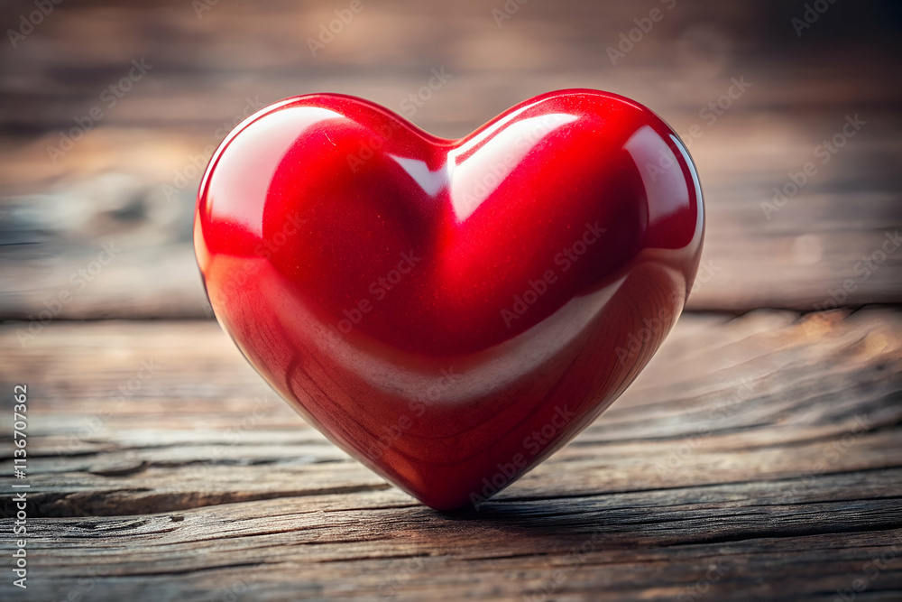 A shiny red heart sits on a rustic wooden surface, symbolizing love and affection. A shiny red heart sits on a rustic wooden surface, symbolizing love and affection.