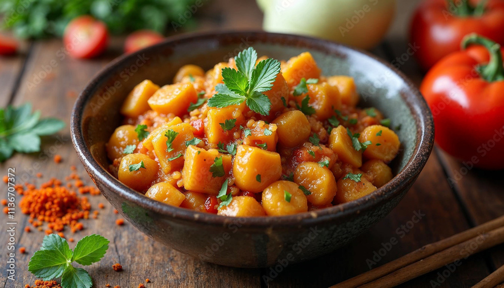 A bowl of food with a side of vegetables and spices A bowl of food with a side of vegetables and spices