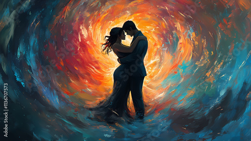 Romantic couple embracing in a whirlwind of passion. Embrace. Illustration photo