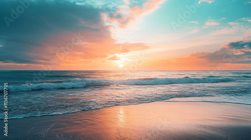 The ocean is calm and the sky is a beautiful mix of blue and orange. The sun is setting, casting a warm glow over the water