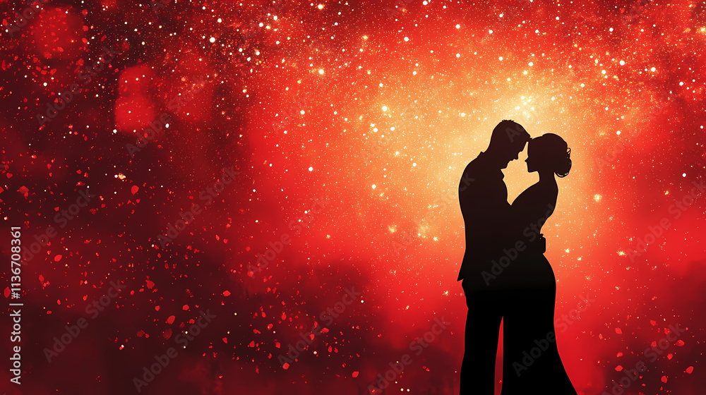 Silhouetted couple in a close embrace against a red, starry background. Embrace. Illustration Silhouetted couple in a close embrace against a red, starry background. Embrace. Illustration