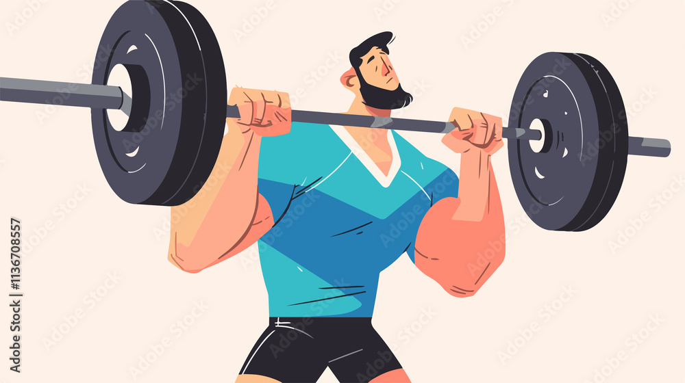 Strong man lifting barbell in flat vector style isolated on white background Strong man lifting barbell in flat vector style isolated on white background