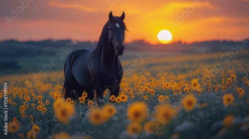 Majestic horse stands in a vibrant flower field during sunset hours photo