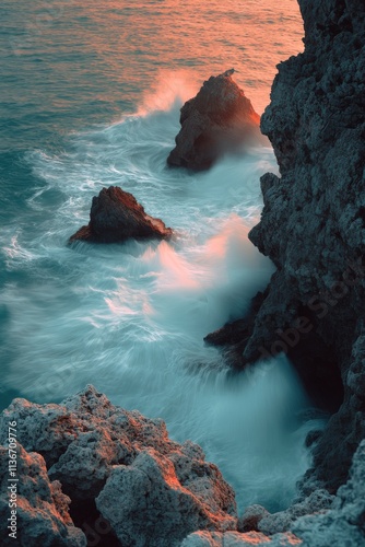 Waves crashing on a pebbly beach at sunset with vibrant colors in the sky