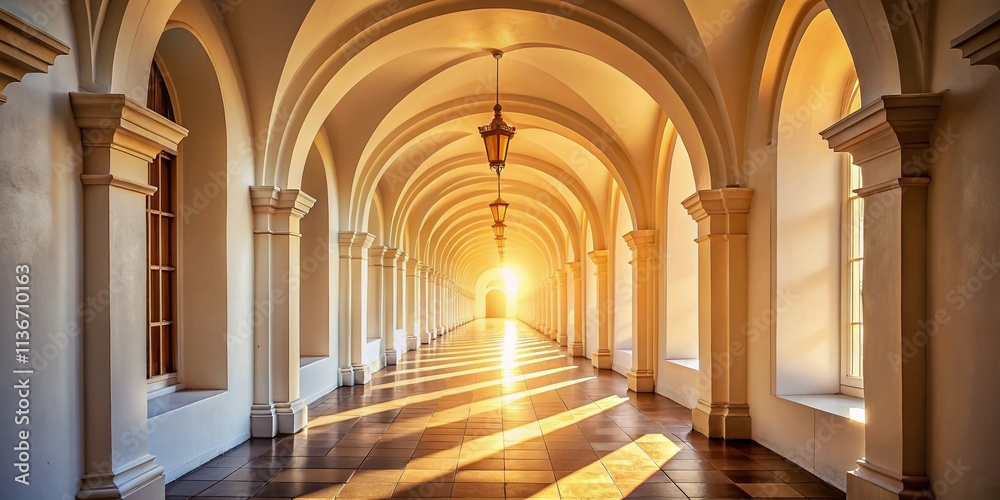 Fototapeta premium Vintage Style Photography of a White Arched Corridor Illuminated by Bright Light, Evoking a Sense of Mystery and Serenity in a Timeless Space