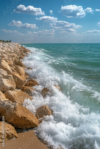 Waves crashing on a pebbly beach at sunset with vibrant colors in the sky