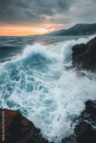 Waves crashing on a pebbly beach at sunset with vibrant colors in the sky