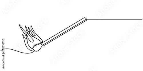 Continuous one line drawing of burning match. simple burning match stick line art vector illustration. Editable stroke, one continuous line drawing of match sticks.one line drawing of burning wooden. 
