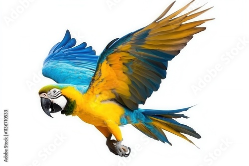 A colorful parrot flying, isolated on a white background photo