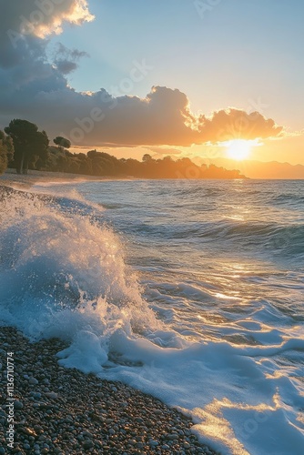 Waves crashing on a pebbly beach at sunset with vibrant colors in the sky