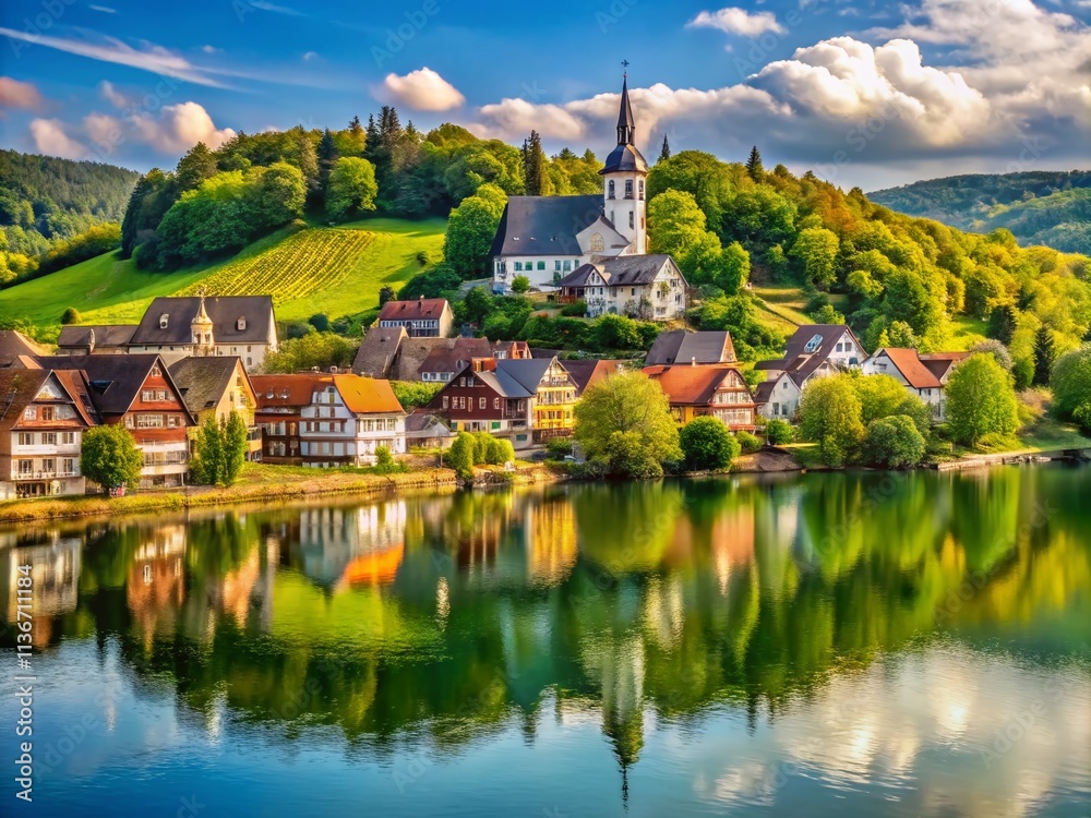 Fototapeta premium Vintage Style Photography of Bringhausen at Edersee, Capturing Serene Landscapes, Timeless Architecture, and Nostalgic Vibes of a Scenic Lakeside Village in Germany