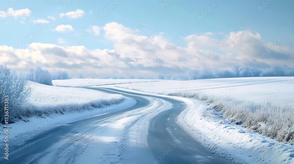 Snowy road curves through winter landscape under a cloudy sky. Snowy road curves through winter landscape under a cloudy sky.