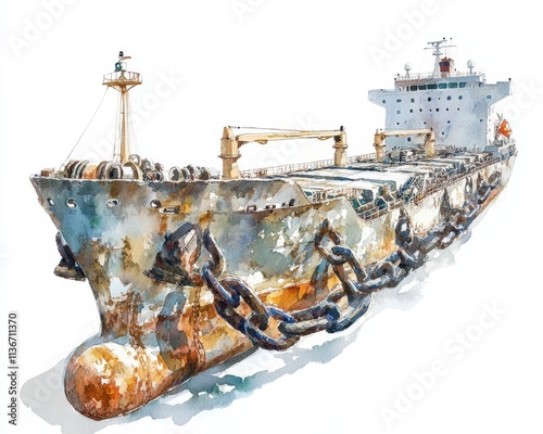 Rusty cargo ship with weathered chains showcasing marine industry aging. photo