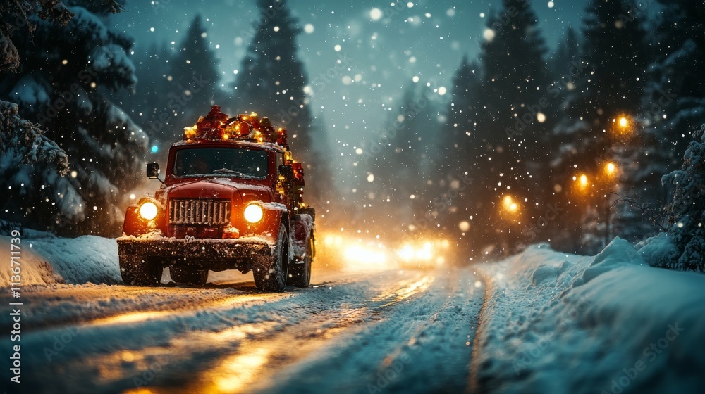 Snowy winter evening with a decorated truck driving through a forest road Snowy winter evening with a decorated truck driving through a forest road