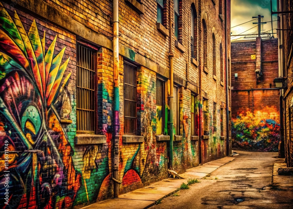 Fototapeta premium Vintage Style Photography of Colorful Graffiti on Urban Wall Showcasing Artistic Expression and Street Culture in a Nostalgic Atmosphere